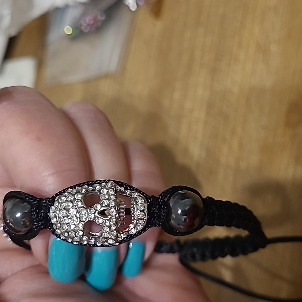 Adjustable Bracelet Rhinestone Skull Hematite Bea… - image 2